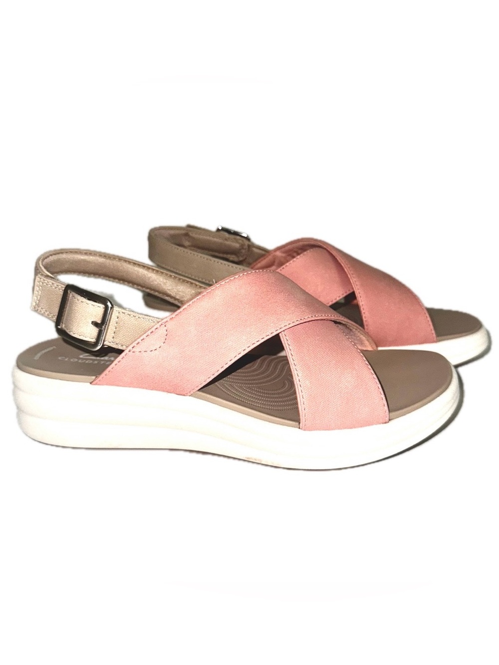 Clarks Cloudsteppers “Drift Sun” Peach Platform Wedge Sandals, Sz 8